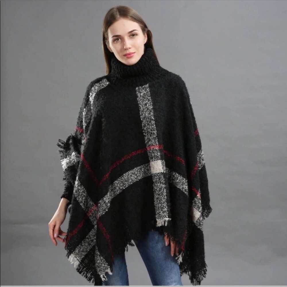 Black Plaid Turtleneck Poncho Cape - Picture 4 of 8